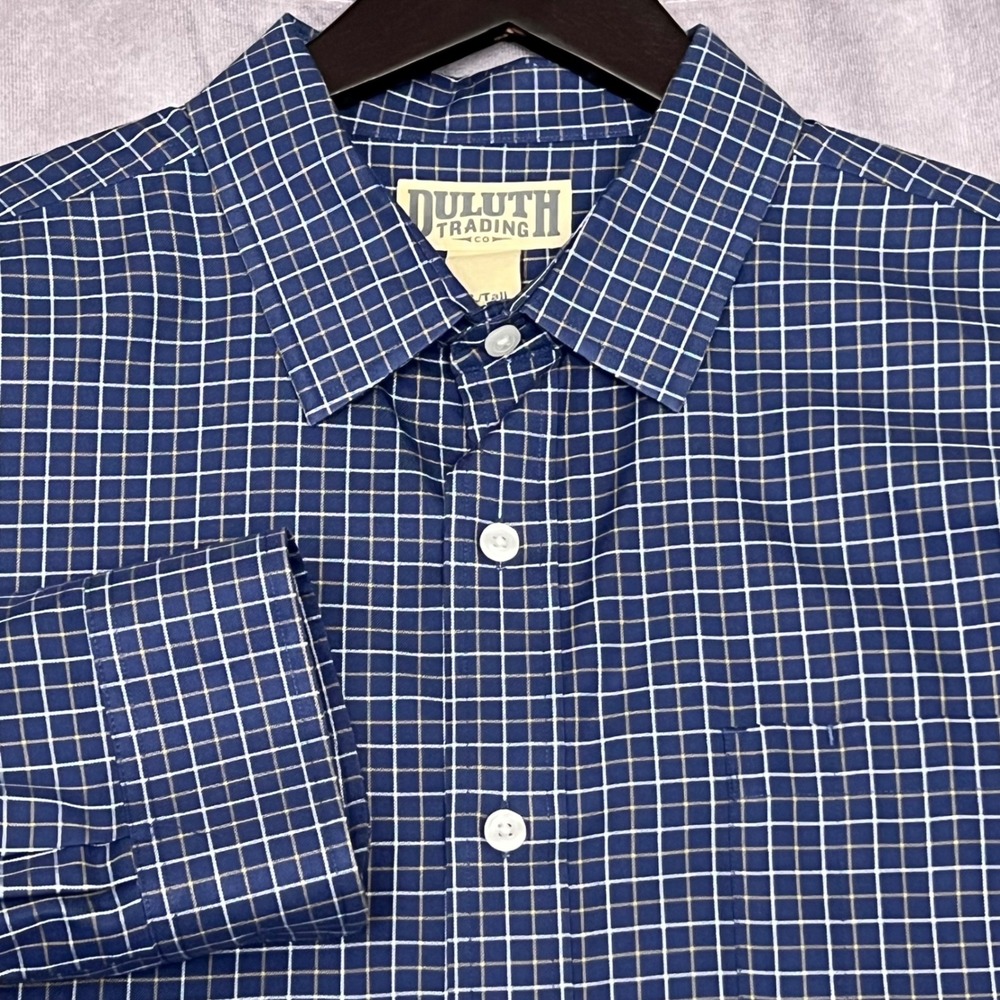 Duluth Trading Co Button Down Mens XL Tall Blue Excellent Grid Long Sleeve Shirt